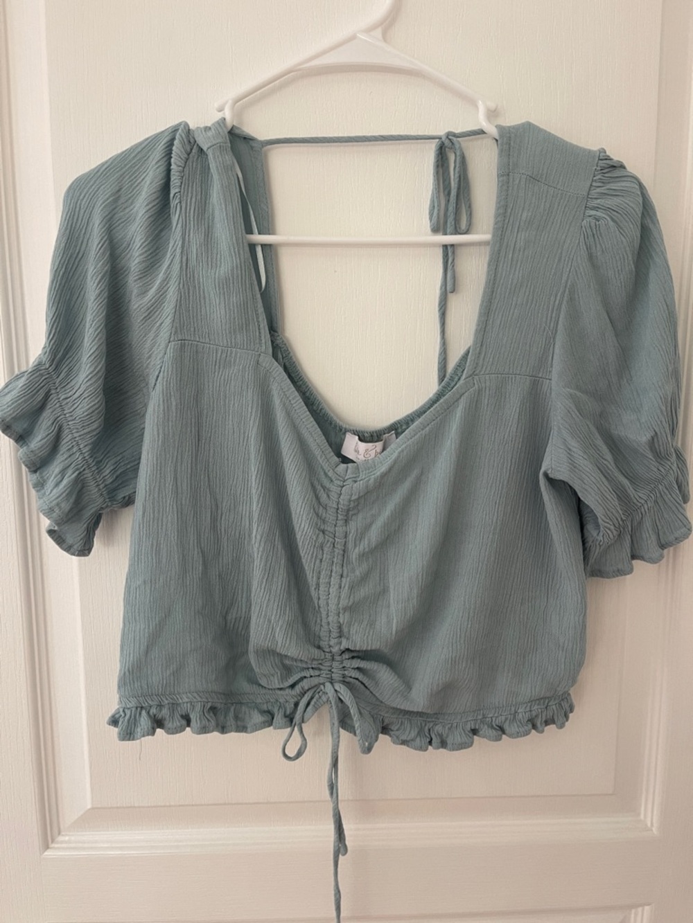 Ruffled Drawstring Crop Top in Sage Green